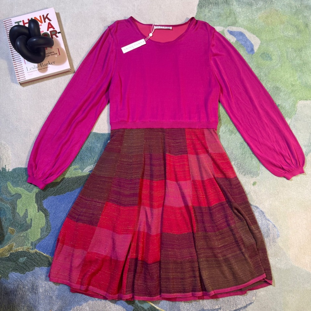 Trina Turk Ravishing Wine Metallic Knit Pleated Dress XXL New TD198901